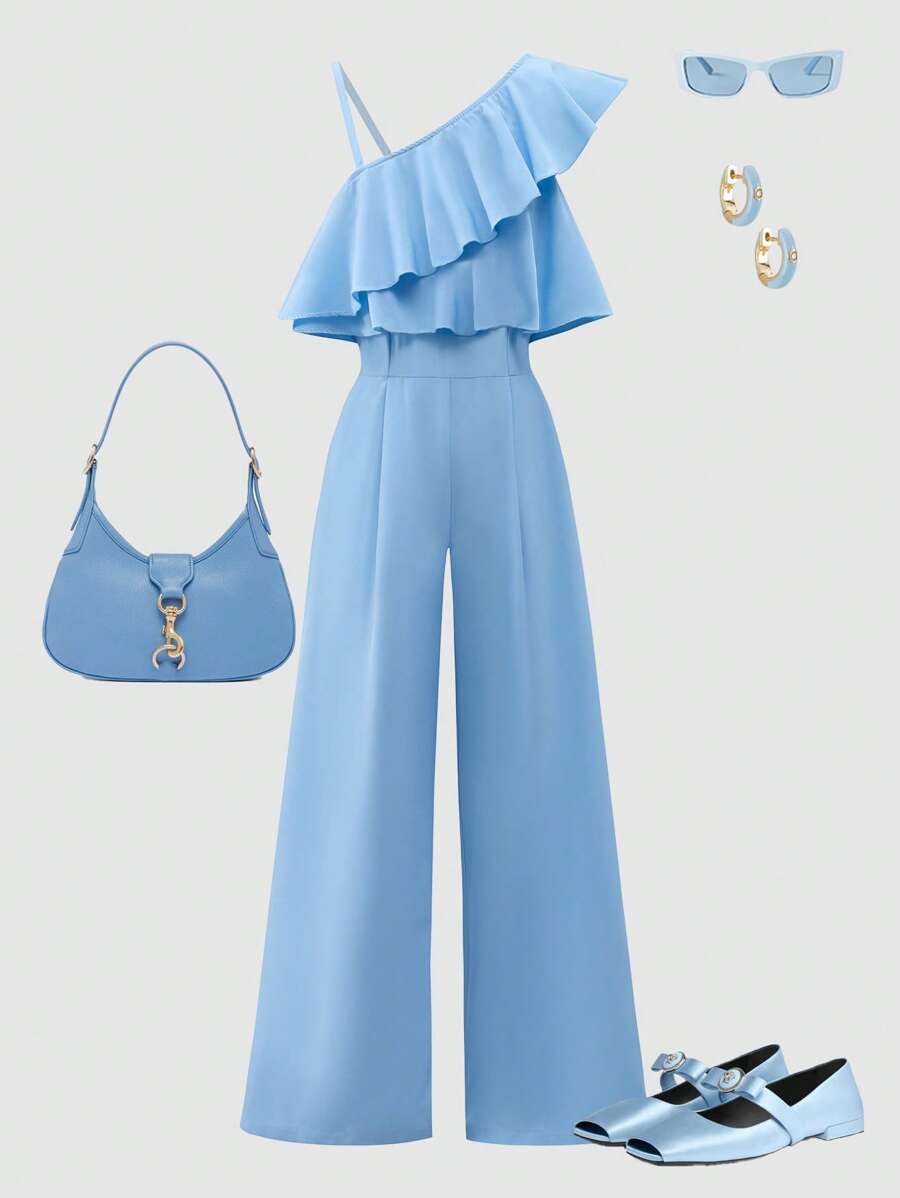2pcs Big Girls Ruffle One-Shoulder Jumpsuit & Wide-Leg Pants - Peri...