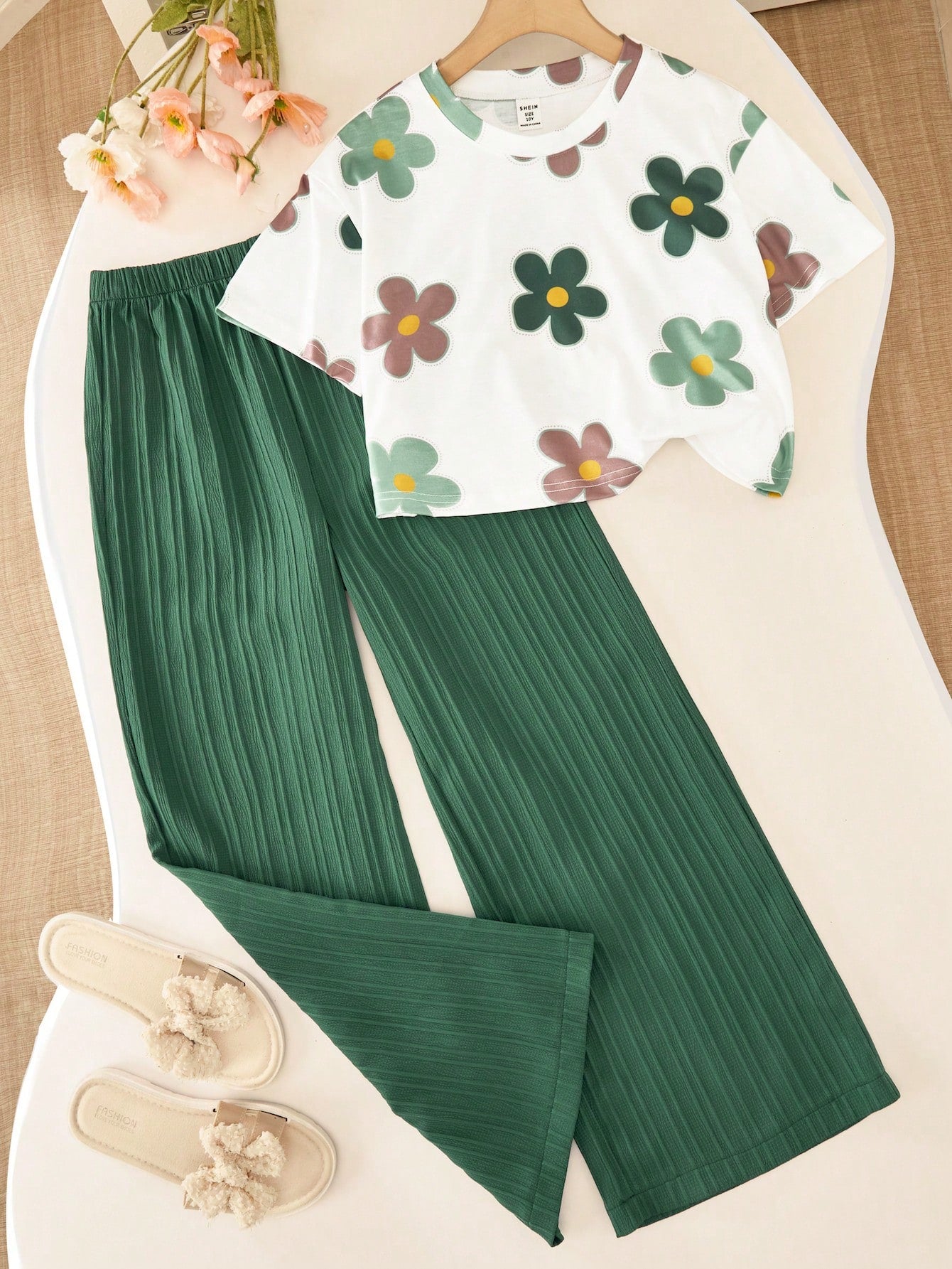 2pcs Girls Floral Print Tee & Wide-Leg Pants Set - Emerald | 21 Cen...