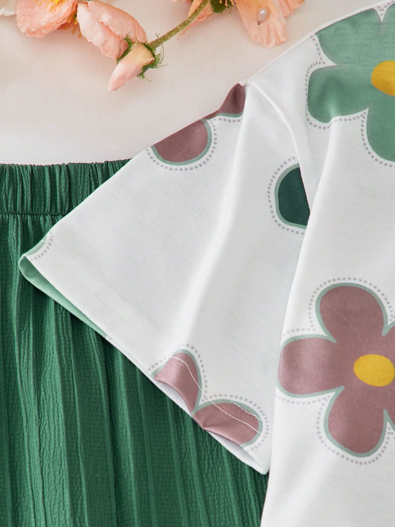 2pcs Girls Floral Print Tee & Wide-Leg Pants Set - Emerald | 21 Cen...