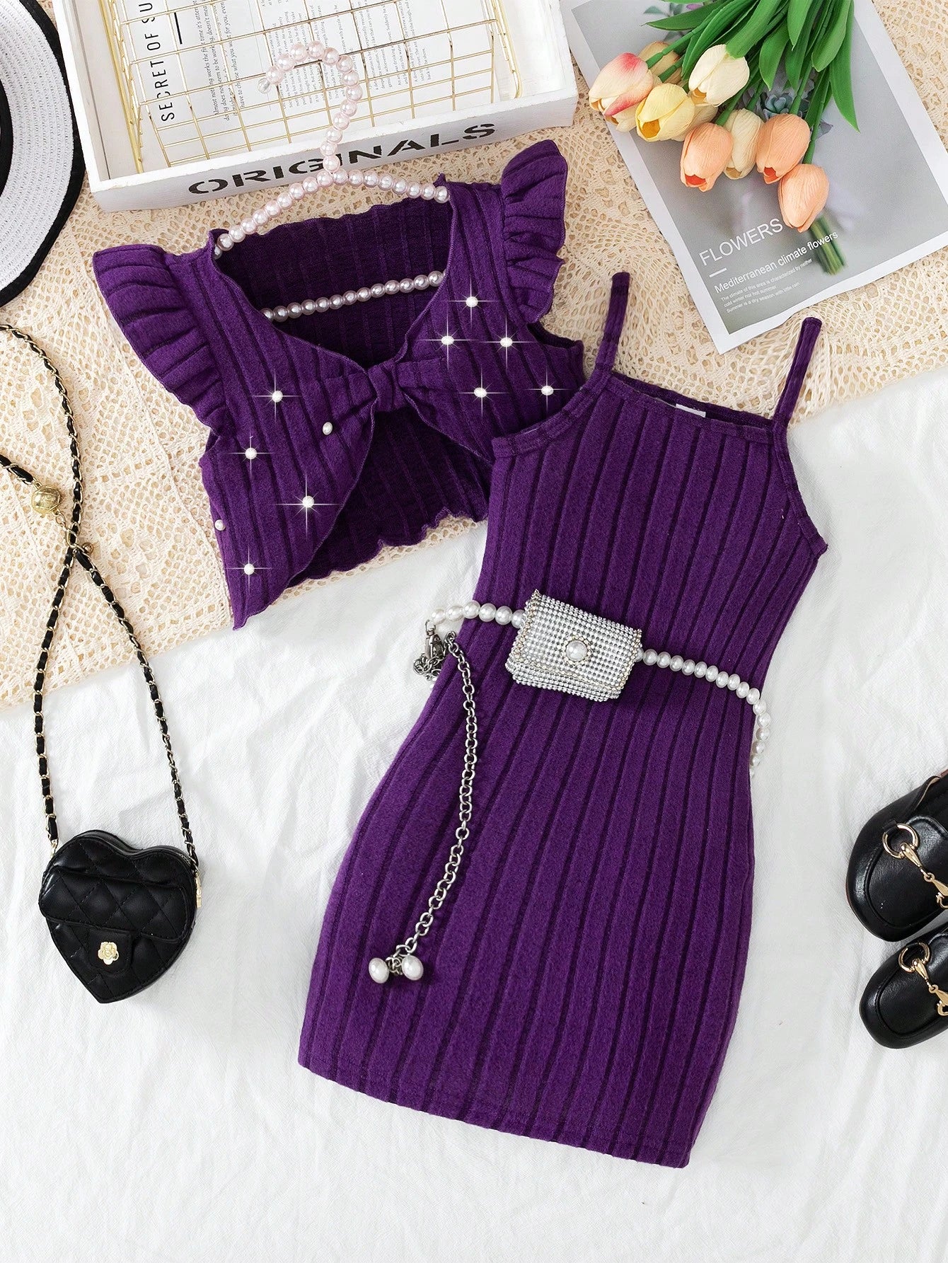 2pcs Girls Ribbed Knit Ruffle Top & Cami Dress Set - Amethyst | 21 ...