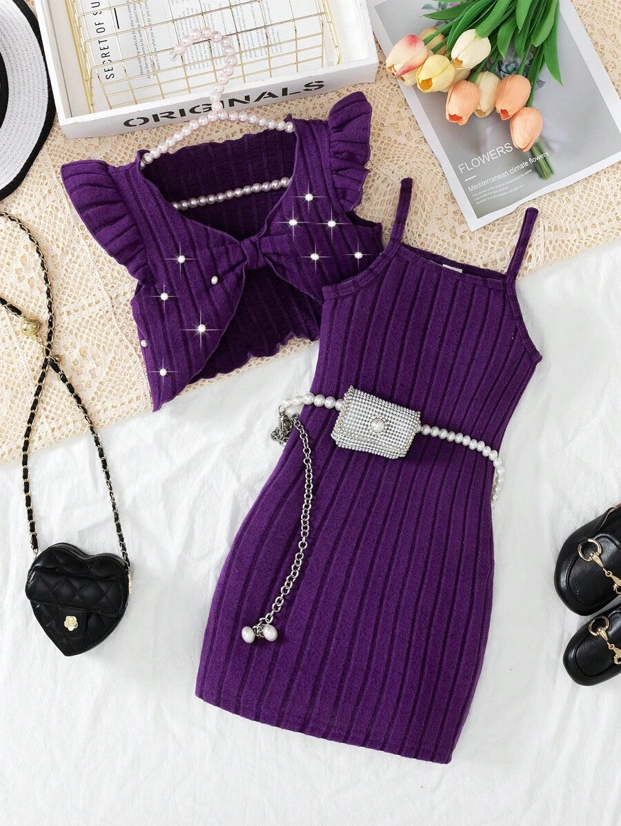 2pcs Girls Ribbed Knit Ruffle Top & Cami Dress Set - Amethyst | 21 ...