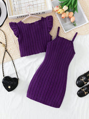 2pcs Girls Ribbed Knit Ruffle Top & Cami Dress Set - Amethyst | 21 ...