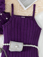 2pcs Girls Ribbed Knit Ruffle Top & Cami Dress Set - Amethyst | 21 ...