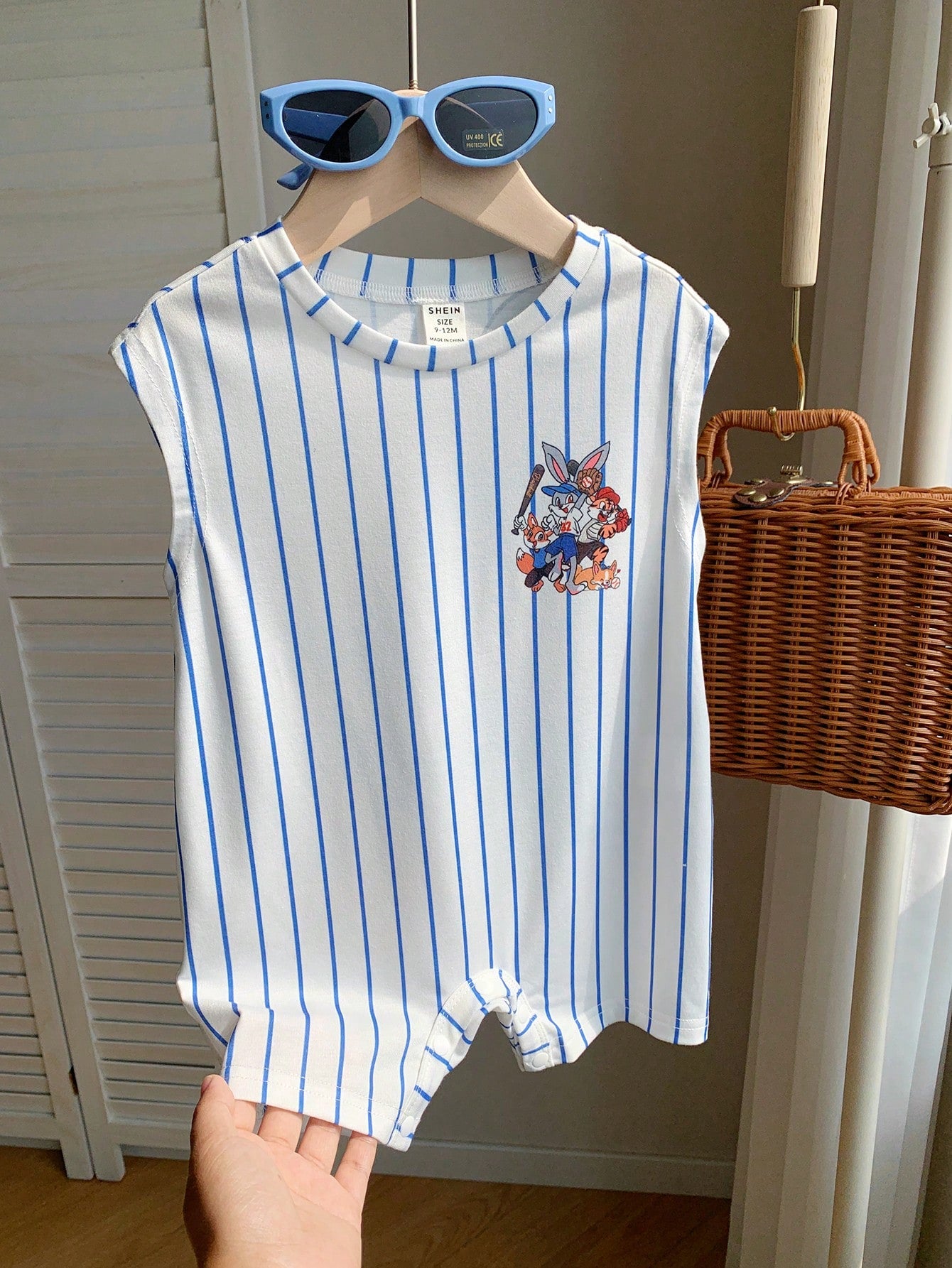 Boys Baseball Animal Print Pinstripe Romper - Ivory | 21 Century Kids