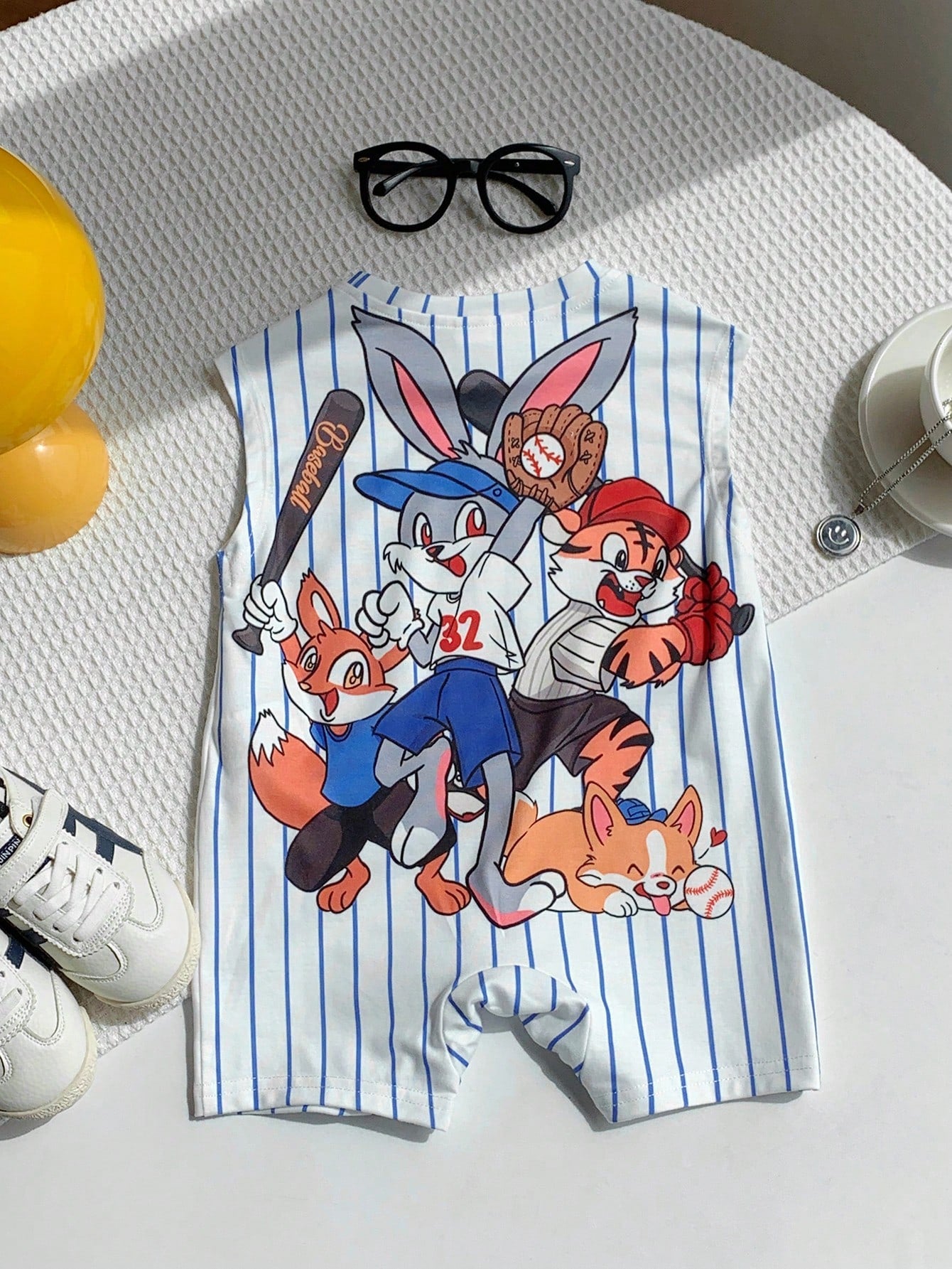 Boys Baseball Animal Print Pinstripe Romper - Ivory | 21 Century Kids