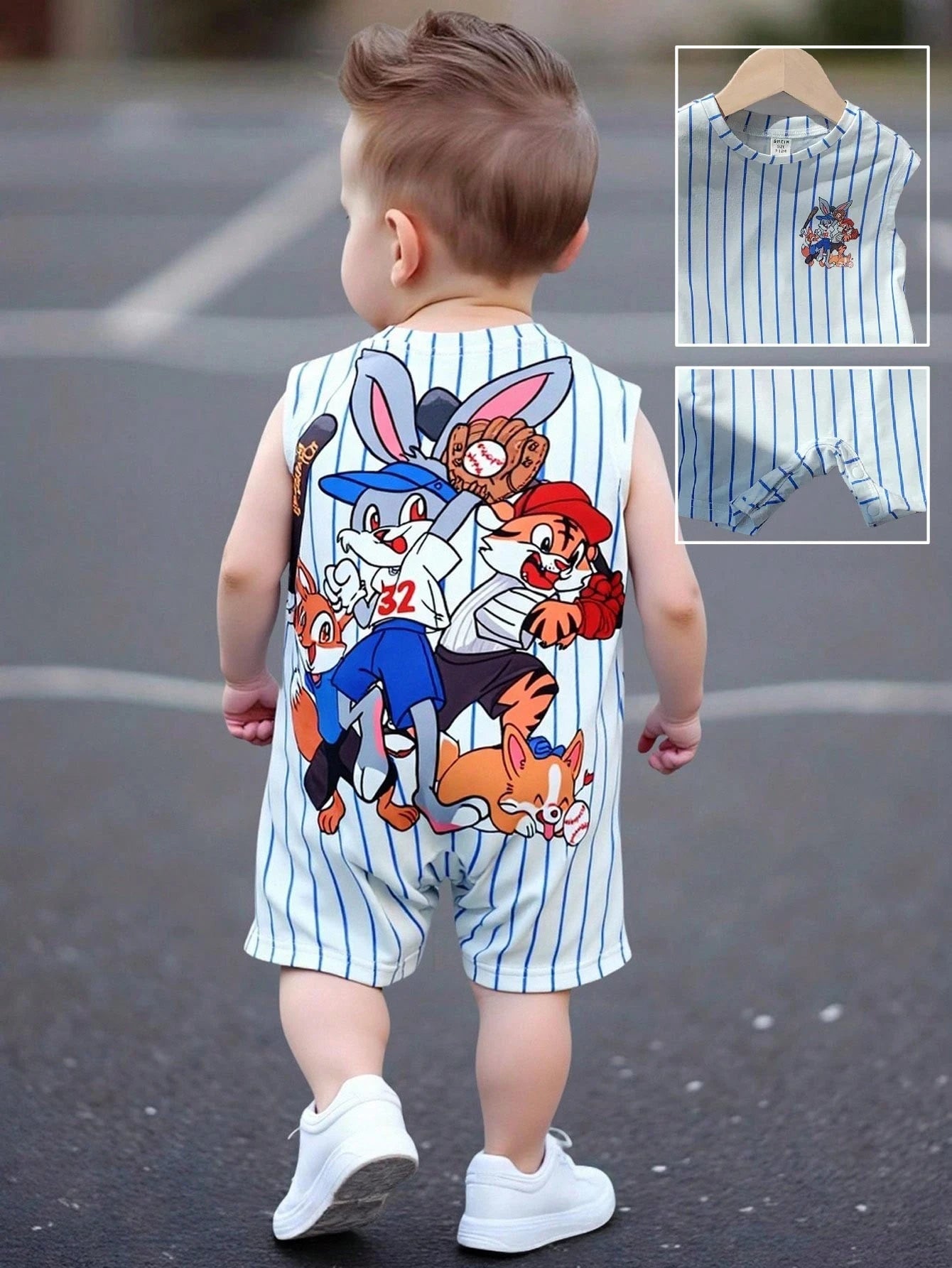Boys Baseball Animal Print Pinstripe Romper - Ivory | 21 Century Kids