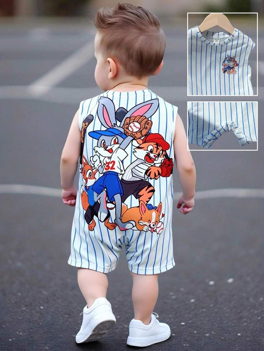Boys Baseball Animal Print Pinstripe Romper - Ivory | 21 Century Kids