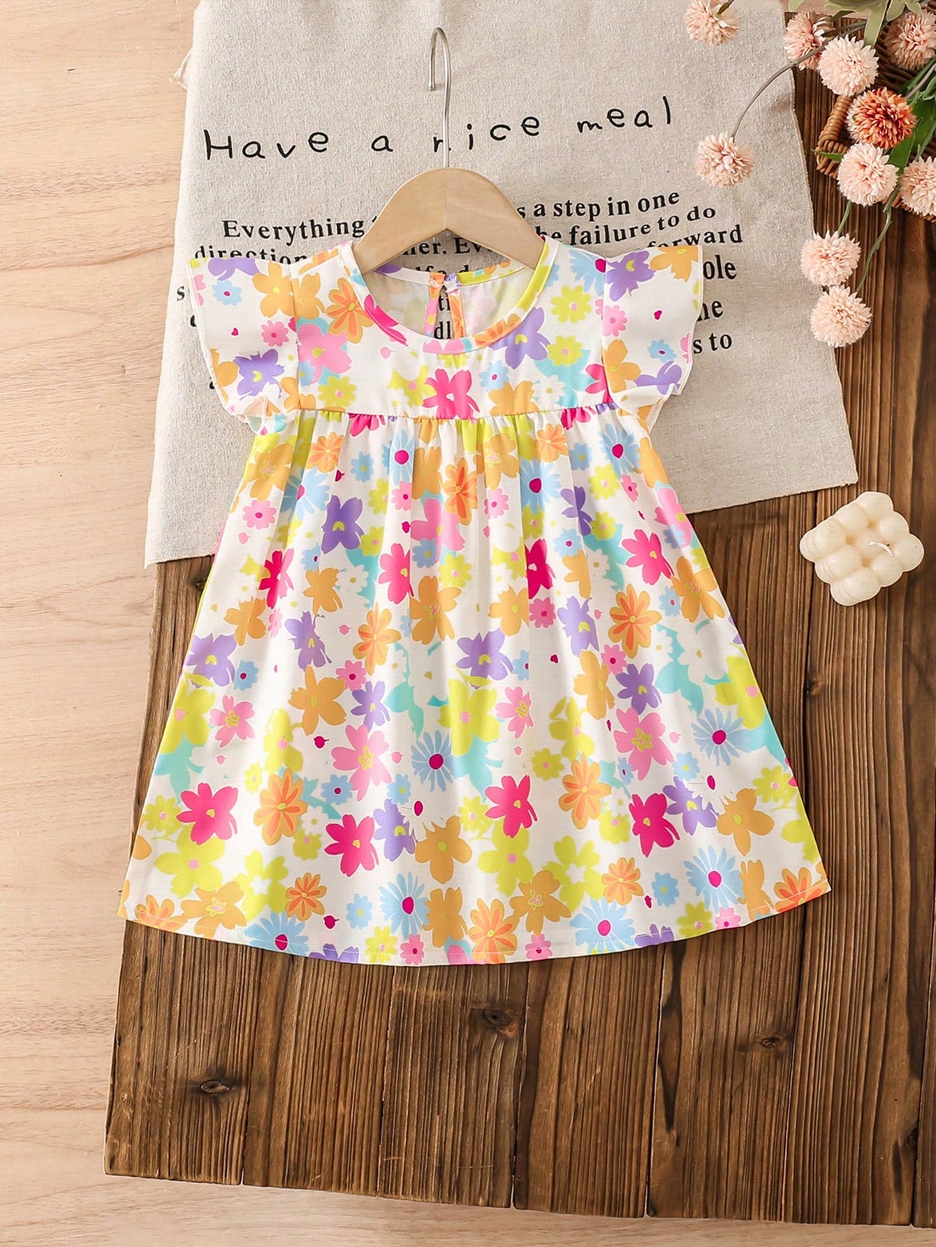 Girls Floral Smock Flutter Sleeve Flared Dress - Ivory