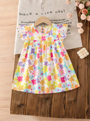 Girls Floral Smock Flutter Sleeve Flared Dress - Ivory
