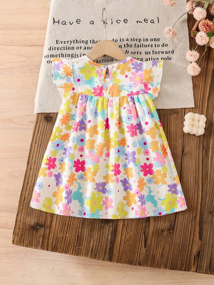 Girls Floral Smock Flutter Sleeve Flared Dress - Ivory