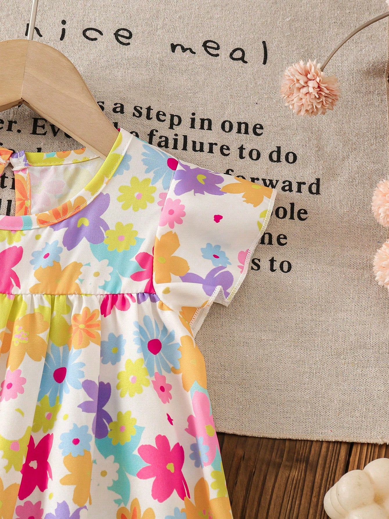 Girls Floral Smock Flutter Sleeve Flared Dress - Ivory