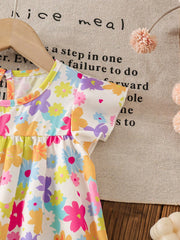 Girls Floral Smock Flutter Sleeve Flared Dress - Ivory