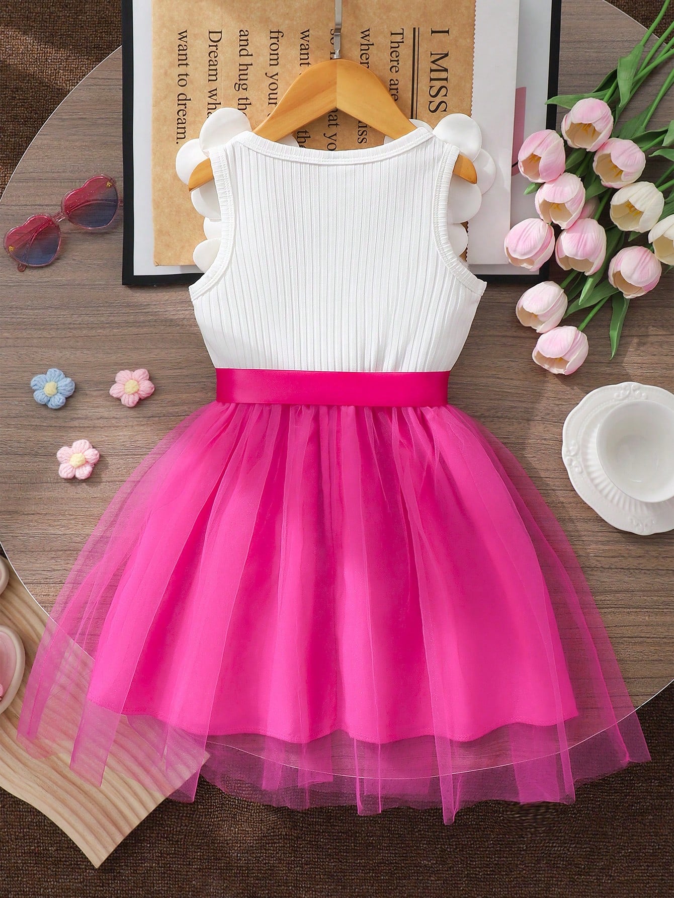 Girls 3D Floral Appliqué Tulle Party Dress - Fuchsia