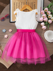 Girls 3D Floral Appliqué Tulle Party Dress - Fuchsia