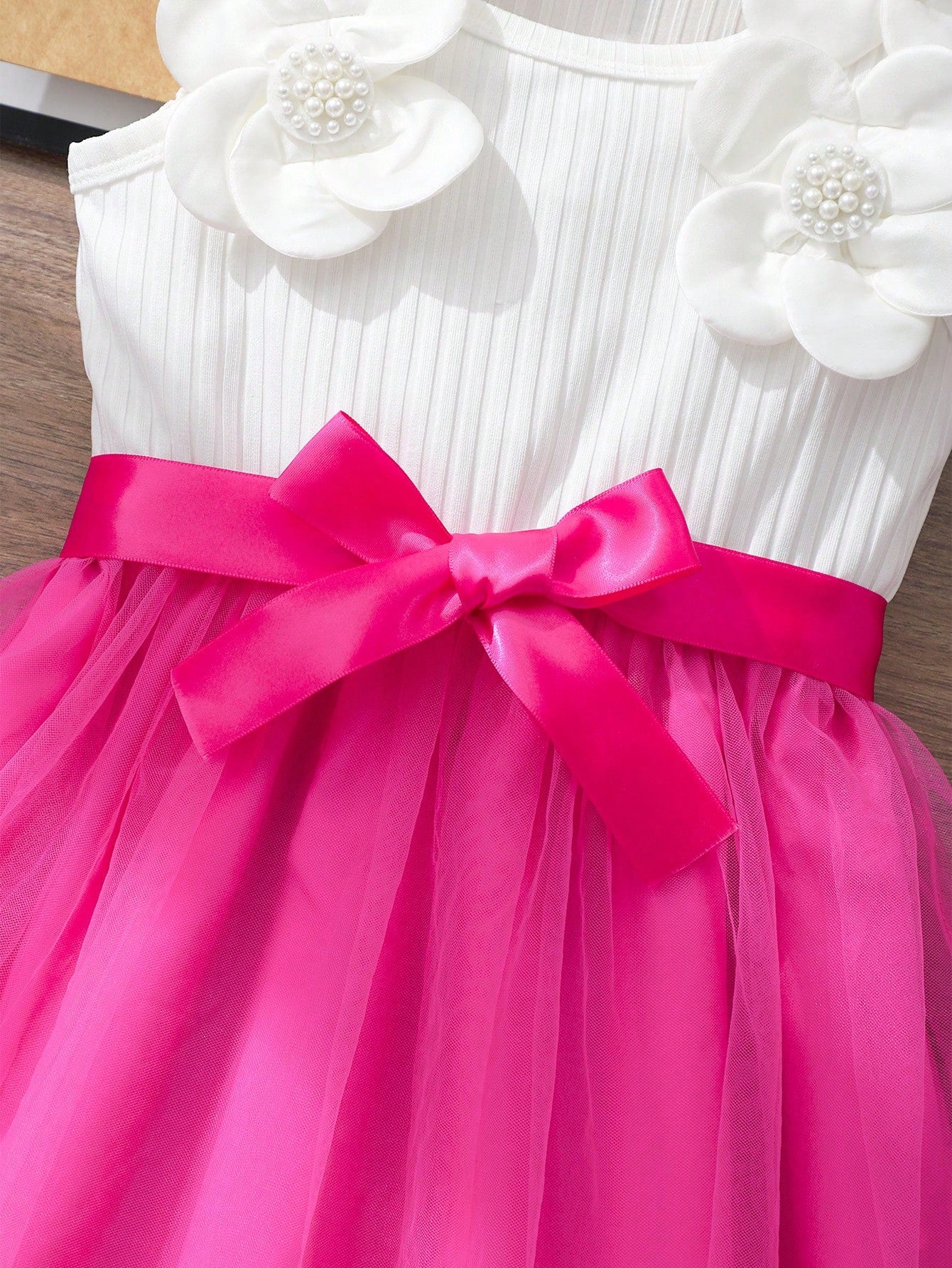 Girls 3D Floral Appliqué Tulle Party Dress - Fuchsia