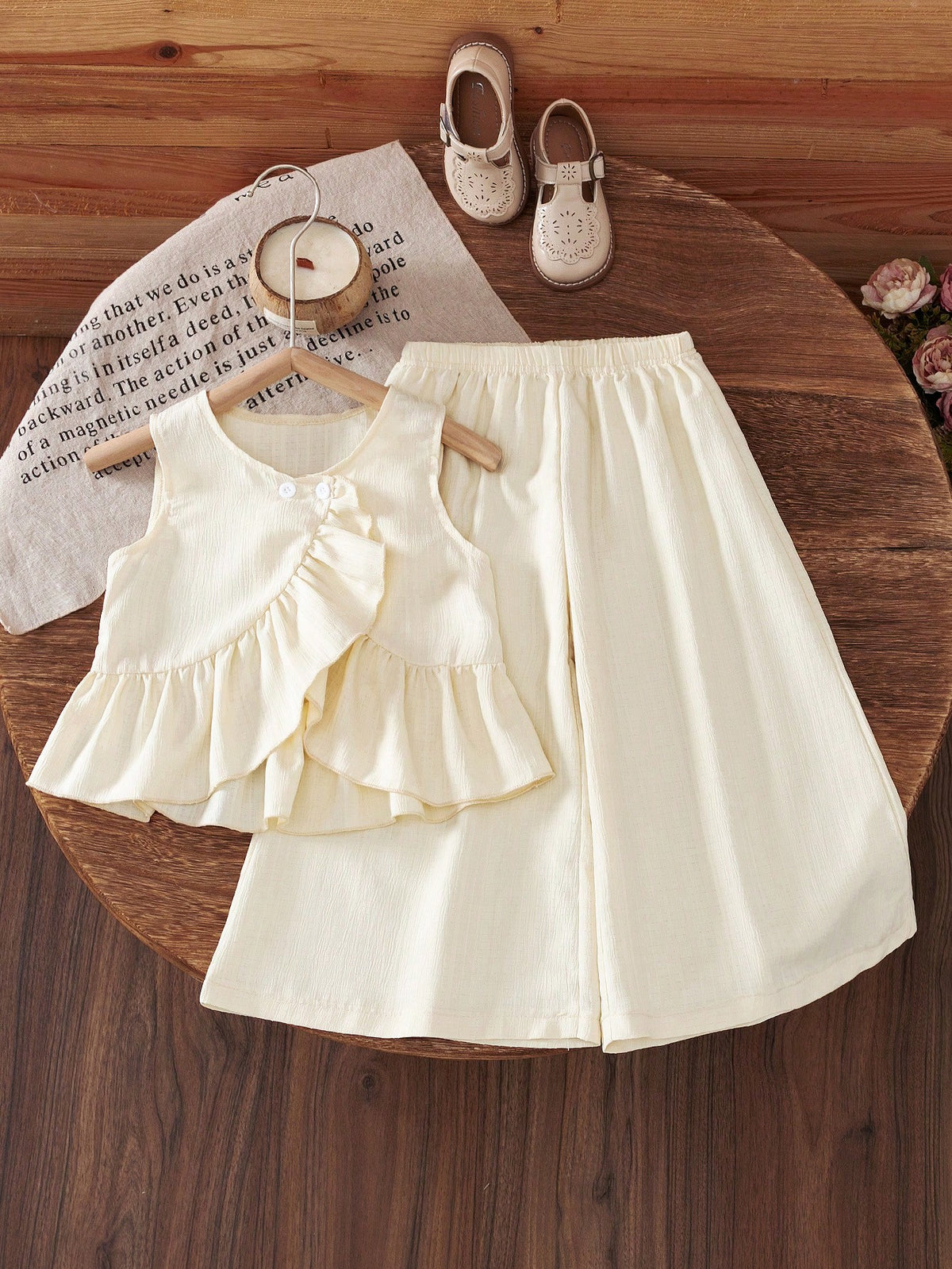 2pcs Little Girls Ruffle Camisole Top & Wide-Leg Pants Set - Ecru |...