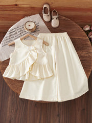 2pcs Little Girls Ruffle Camisole Top & Wide-Leg Pants Set - Ecru |...
