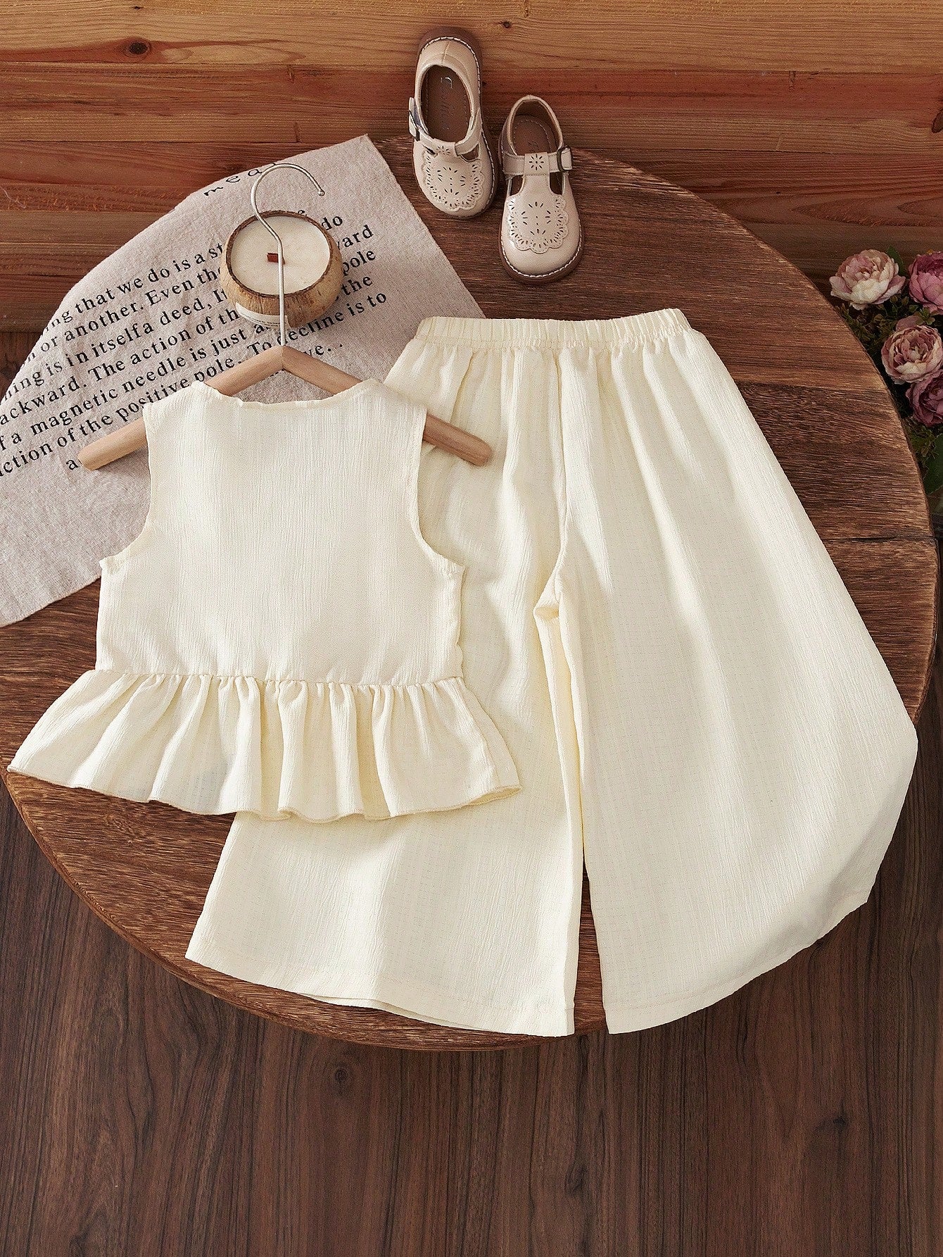 2pcs Little Girls Ruffle Camisole Top & Wide-Leg Pants Set - Ecru |...