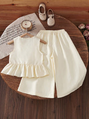 2pcs Little Girls Ruffle Camisole Top & Wide-Leg Pants Set - Ecru |...