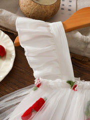 2pcs Girls Cherry Embroidered Tulle Romper & Sun Hat - Ivory | 21 C...