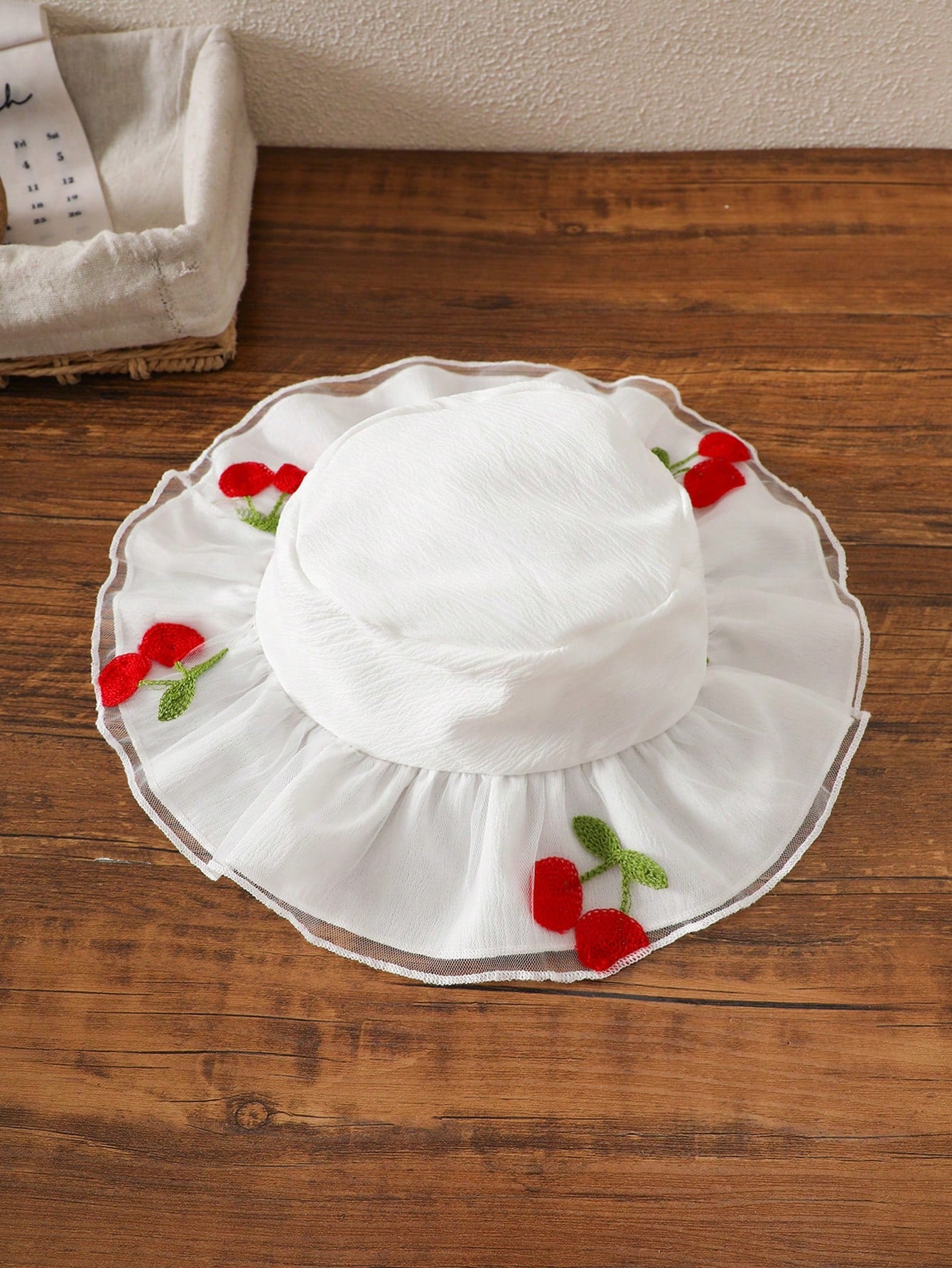 2pcs Girls Cherry Embroidered Tulle Romper & Sun Hat - Ivory | 21 C...