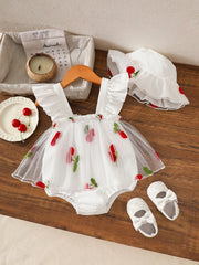 2pcs Girls Cherry Embroidered Tulle Romper & Sun Hat - Ivory | 21 C...