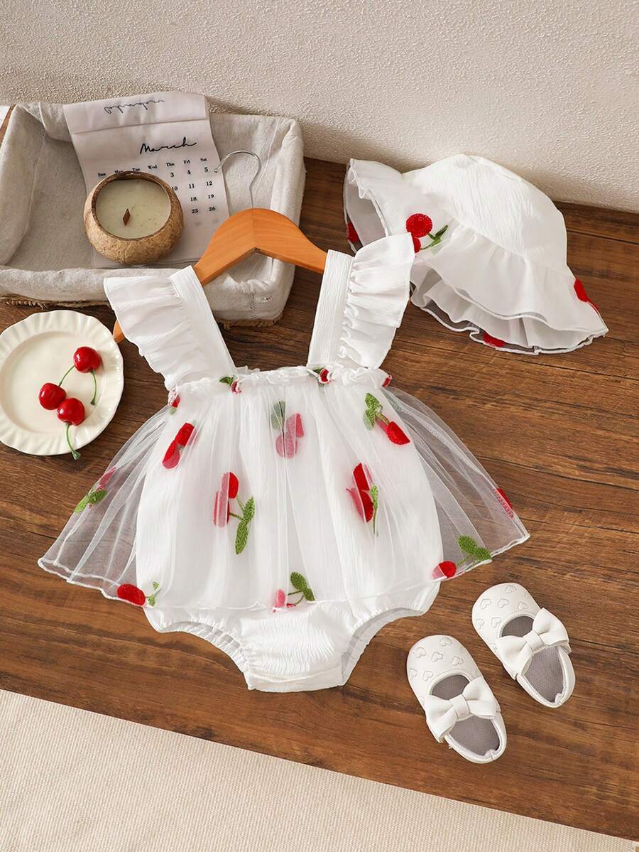 2pcs Girls Cherry Embroidered Tulle Romper & Sun Hat - Ivory | 21 C...