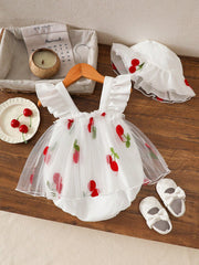 2pcs Girls Cherry Embroidered Tulle Romper & Sun Hat - Ivory | 21 C...