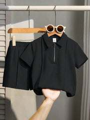 2pcs Boys Half-Zip Polo Shirt & Bermuda Shorts Set - Onyx
