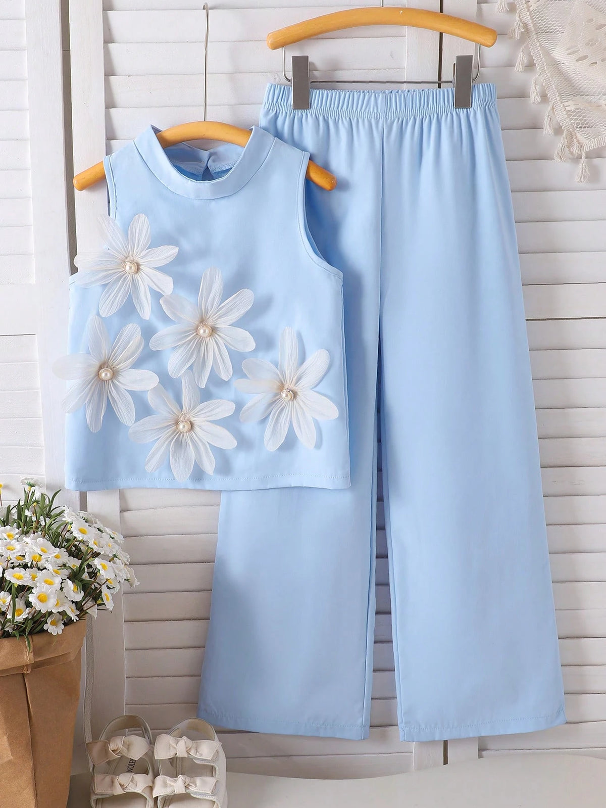 2pcs Big Girls 3D Floral Appliqué Top & Wide-Leg Pants Set - Powder...
