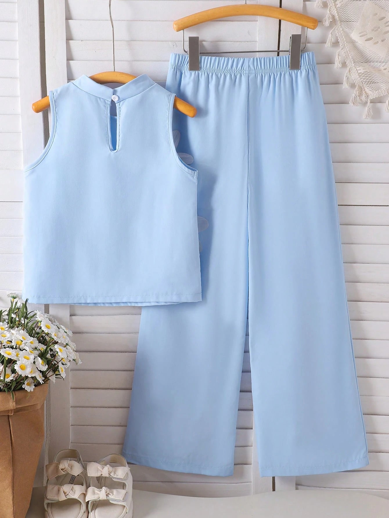 2pcs Big Girls 3D Floral Appliqué Top & Wide-Leg Pants Set - Powder...