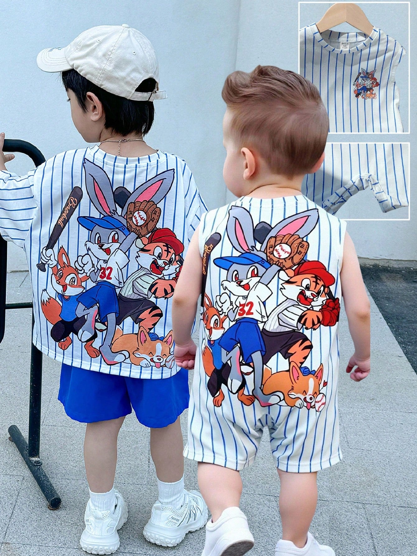 Boys Baseball Animal Print Pinstripe Romper - Ivory | 21 Century Kids