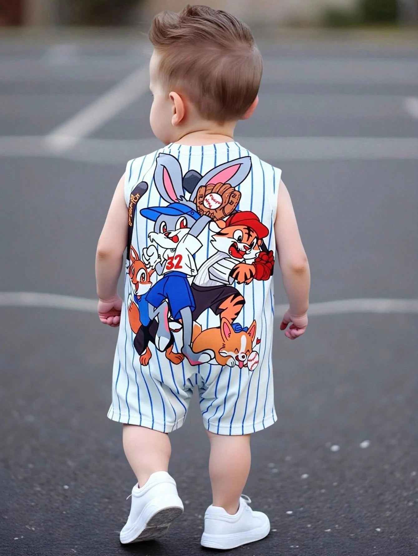 Boys Baseball Animal Print Pinstripe Romper - Ivory | 21 Century Kids