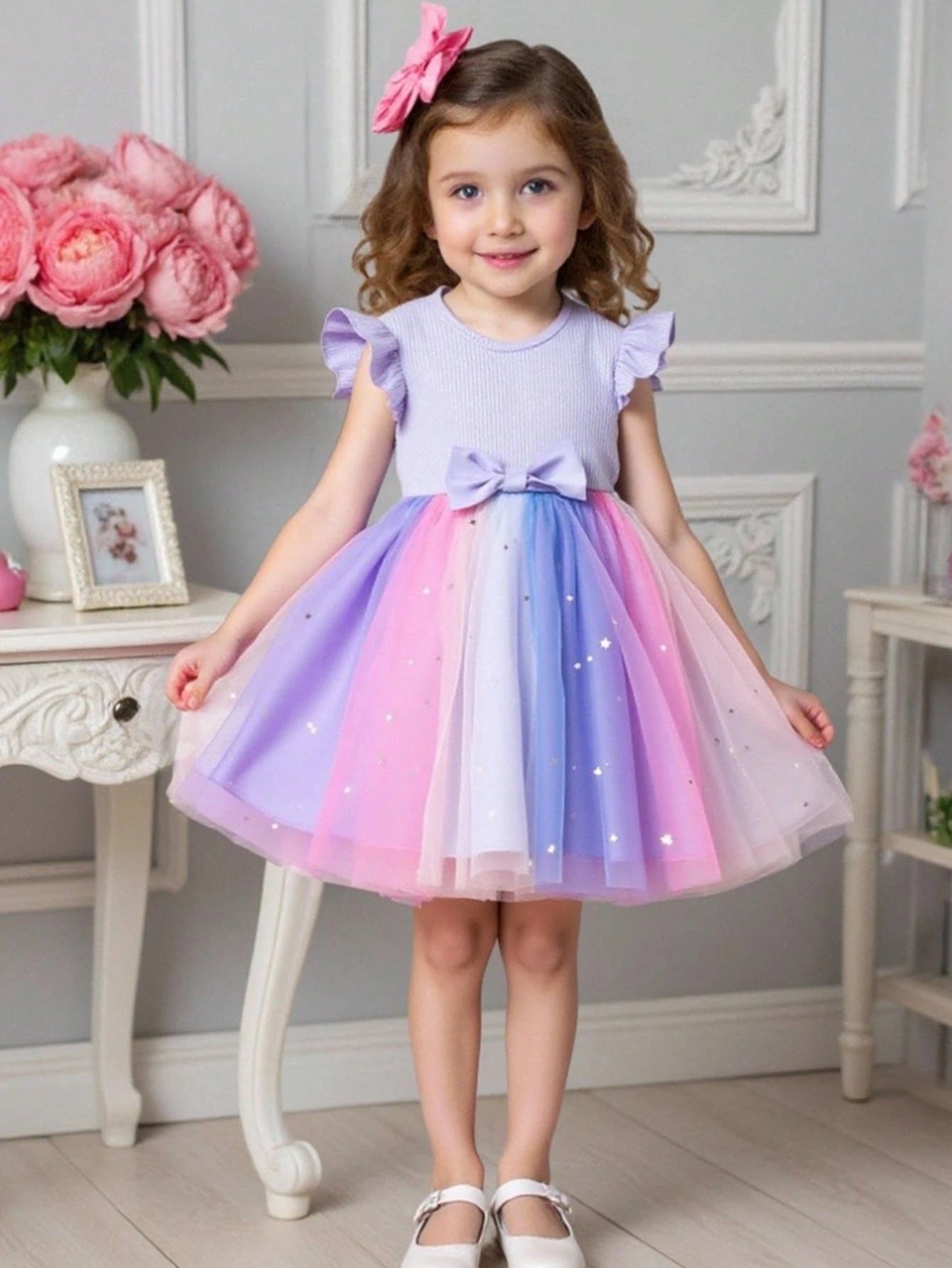 Girls Ribbed Flutter Sleeve Star Tulle Dress - Periwinkle | 21 Cent...
