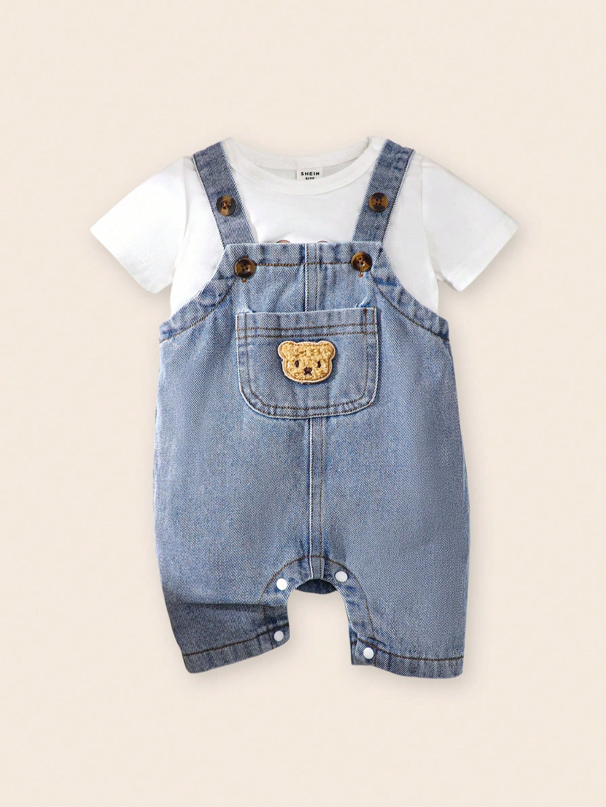 Boys Bear Patch Denim Shortall Romper - Chambray