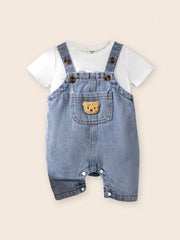Boys Bear Patch Denim Shortall Romper - Chambray