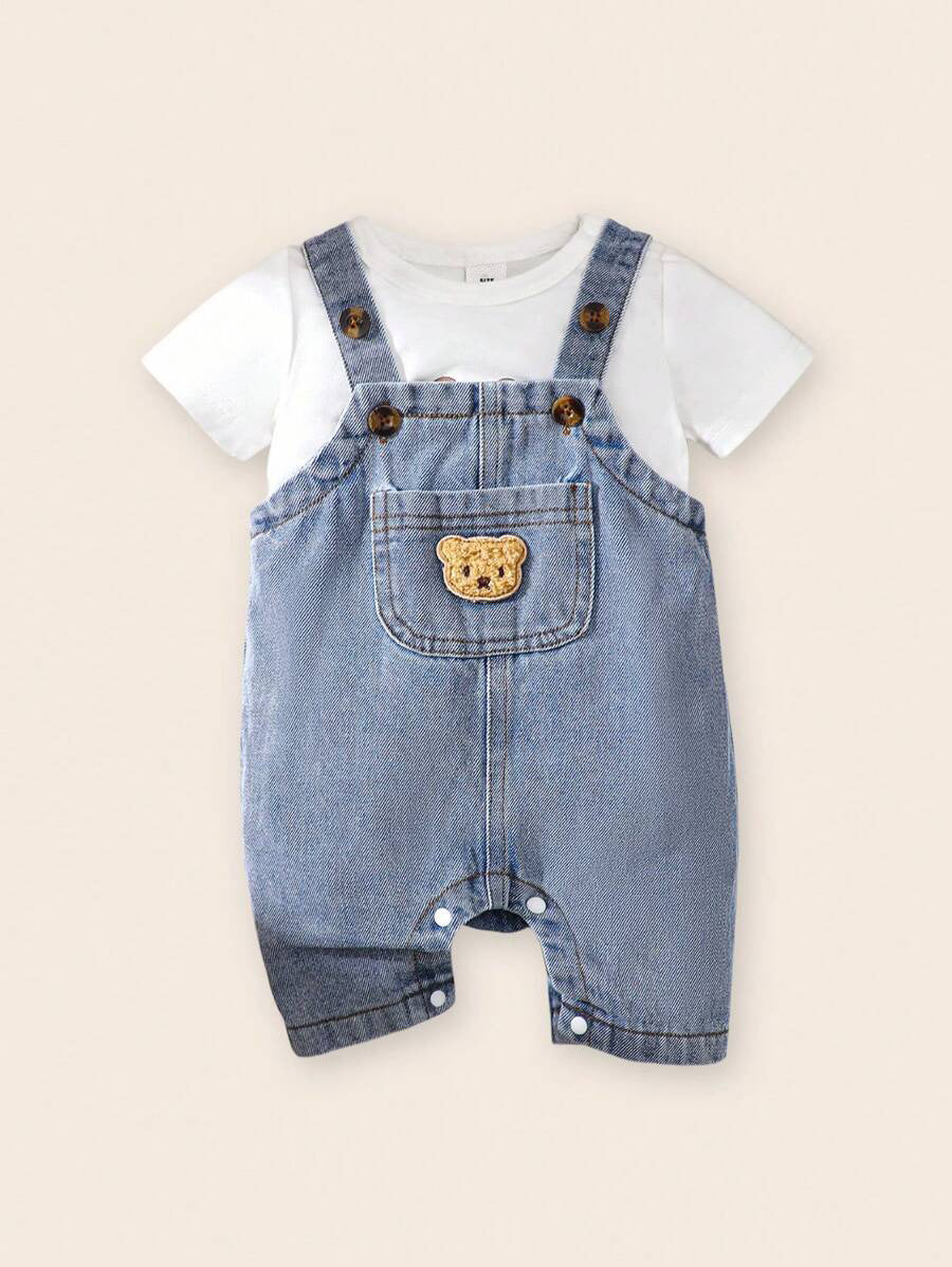 Boys Bear Patch Denim Shortall Romper - Chambray