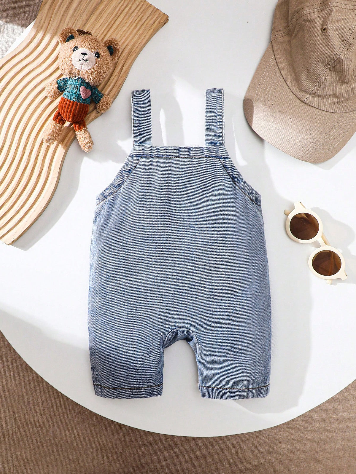 Boys Bear Patch Denim Shortall Romper - Chambray