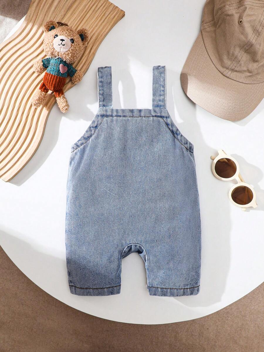 Boys Bear Patch Denim Shortall Romper - Chambray