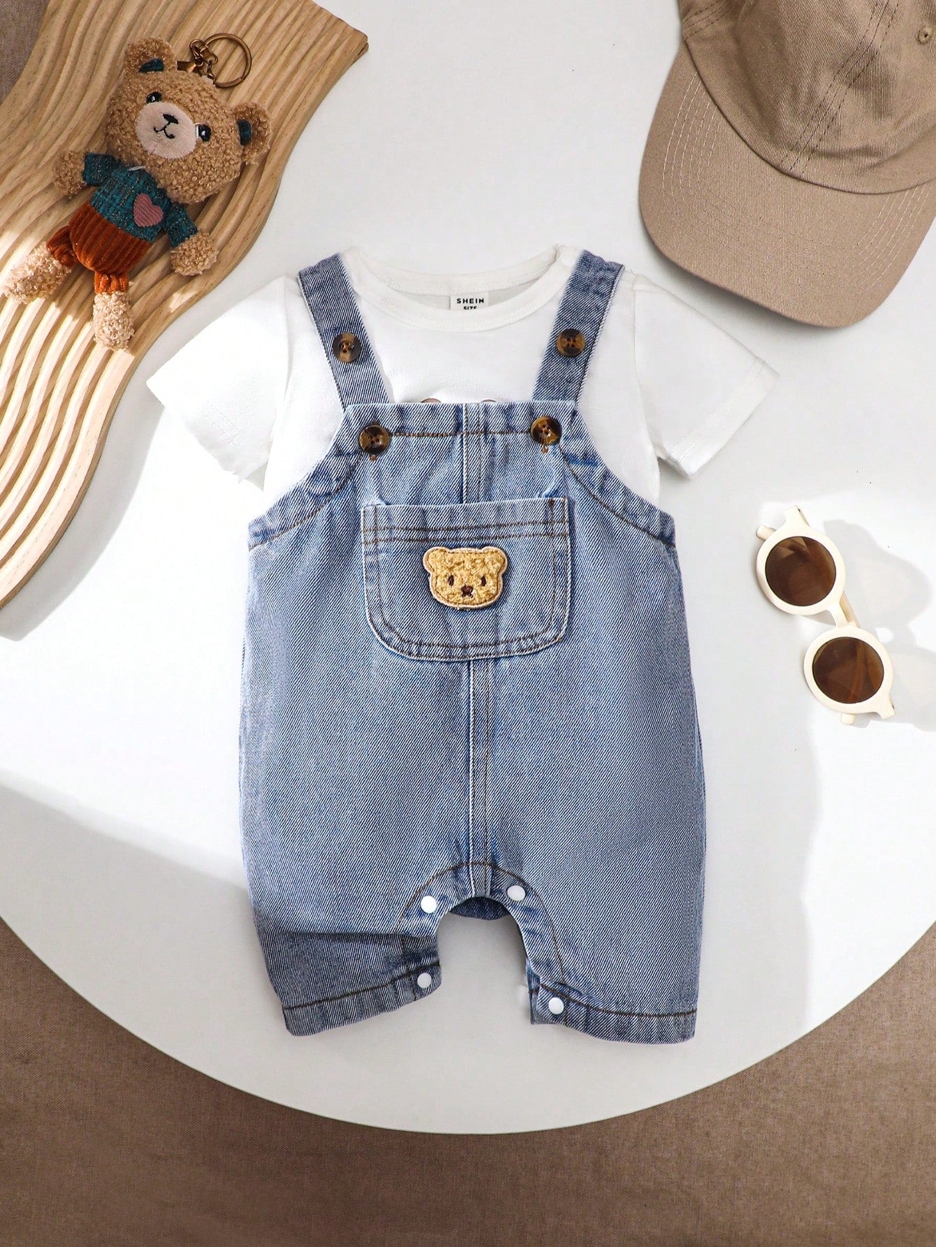 Boys Bear Patch Denim Shortall Romper - Chambray