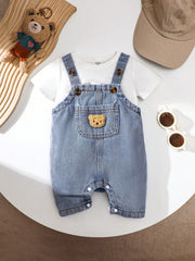 Boys Bear Patch Denim Shortall Romper - Chambray