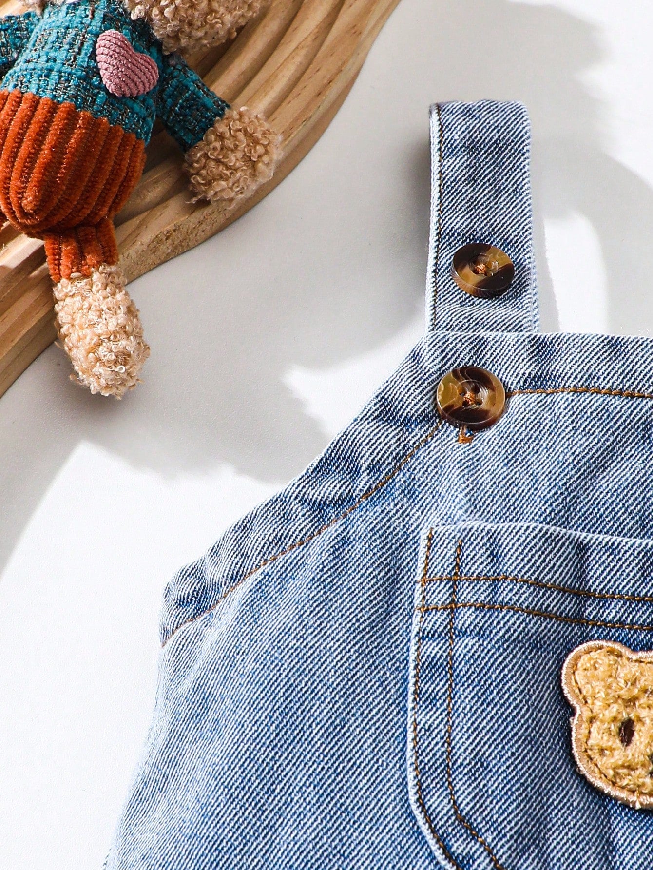 Boys Bear Patch Denim Shortall Romper - Chambray