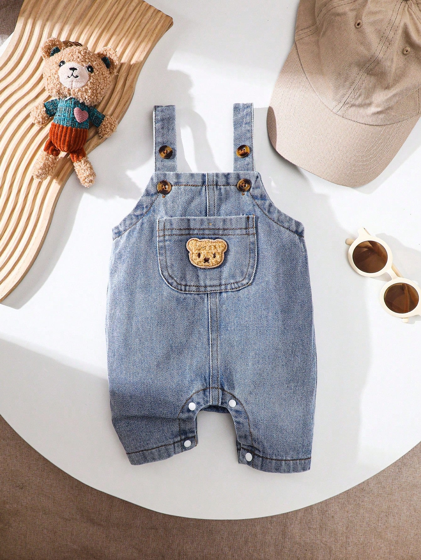 Boys Bear Patch Denim Shortall Romper - Chambray