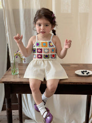 Girls Crochet Granny Square Spaghetti Strap Romper - Ecru