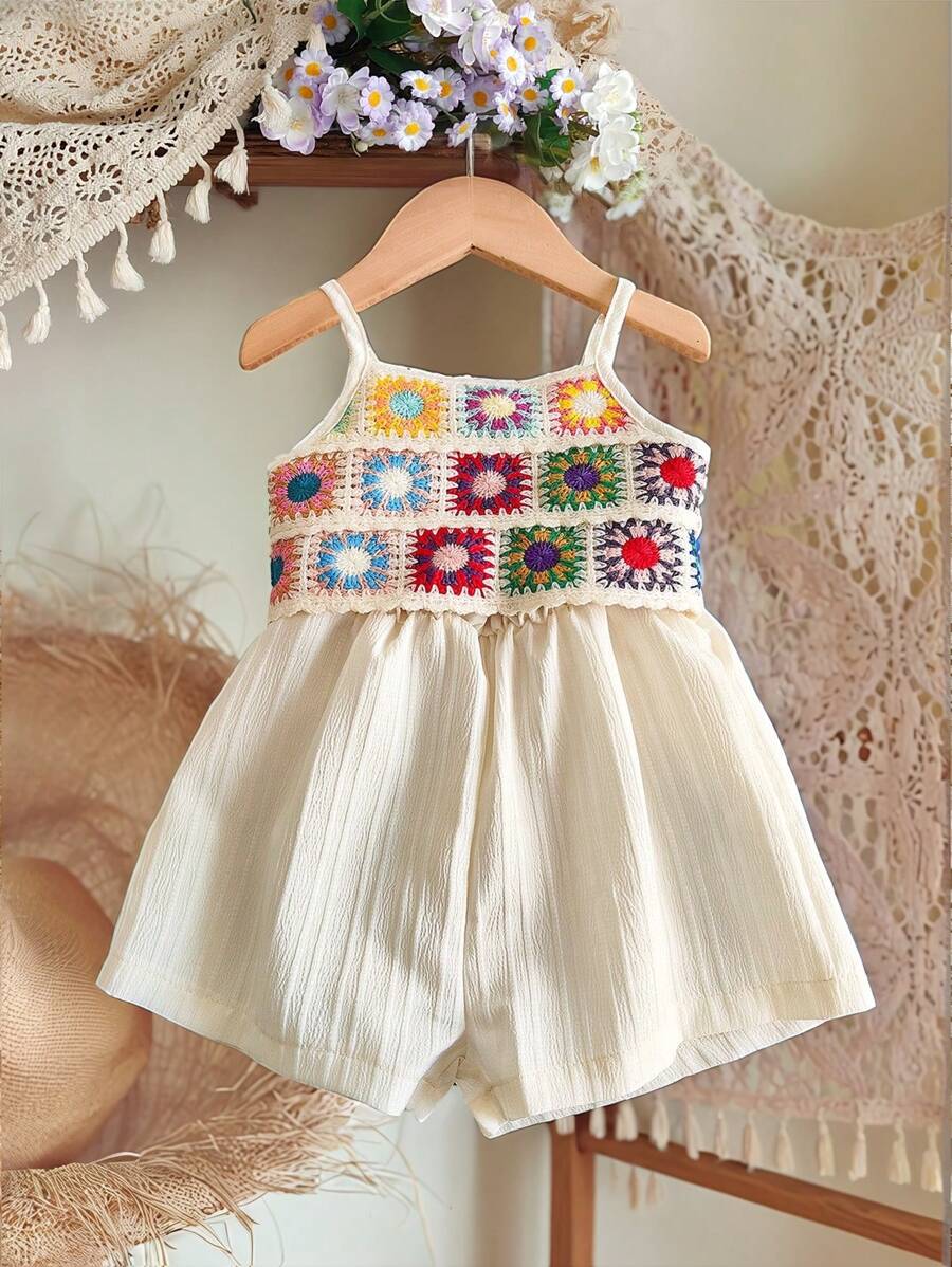 Girls Crochet Granny Square Spaghetti Strap Romper - Ecru
