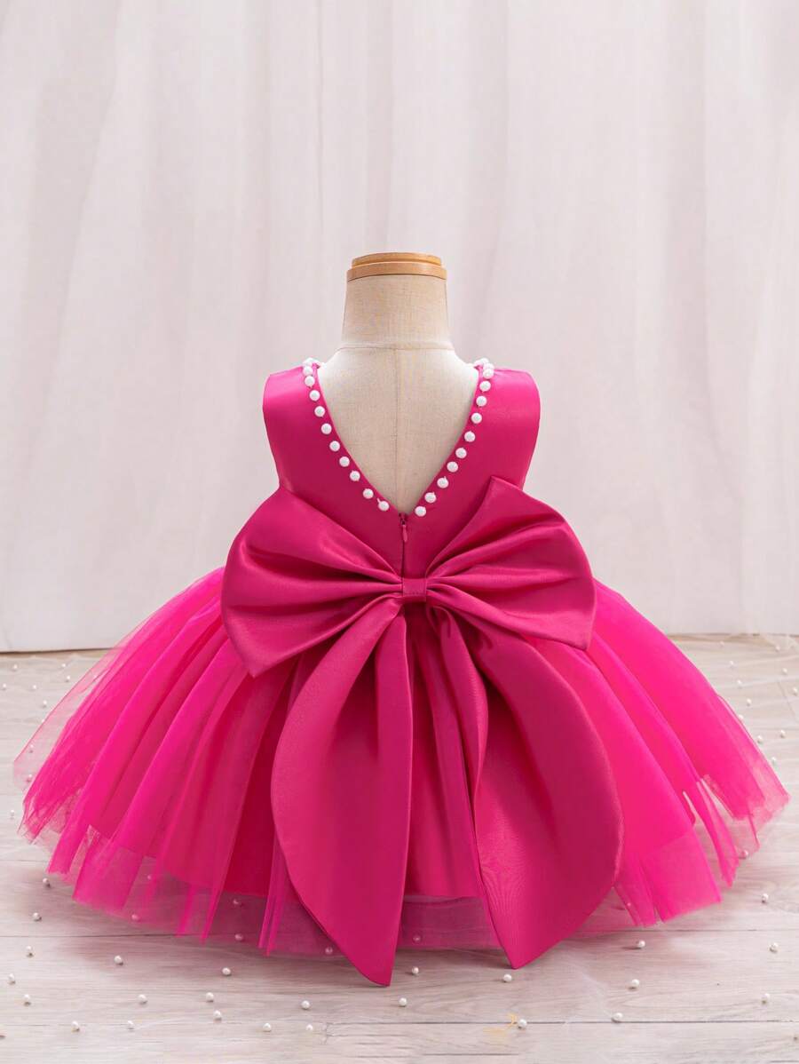 Girls Pearl-Trim Bow Back Tulle Ball Gown - Fuchsia | 21 Century Kids
