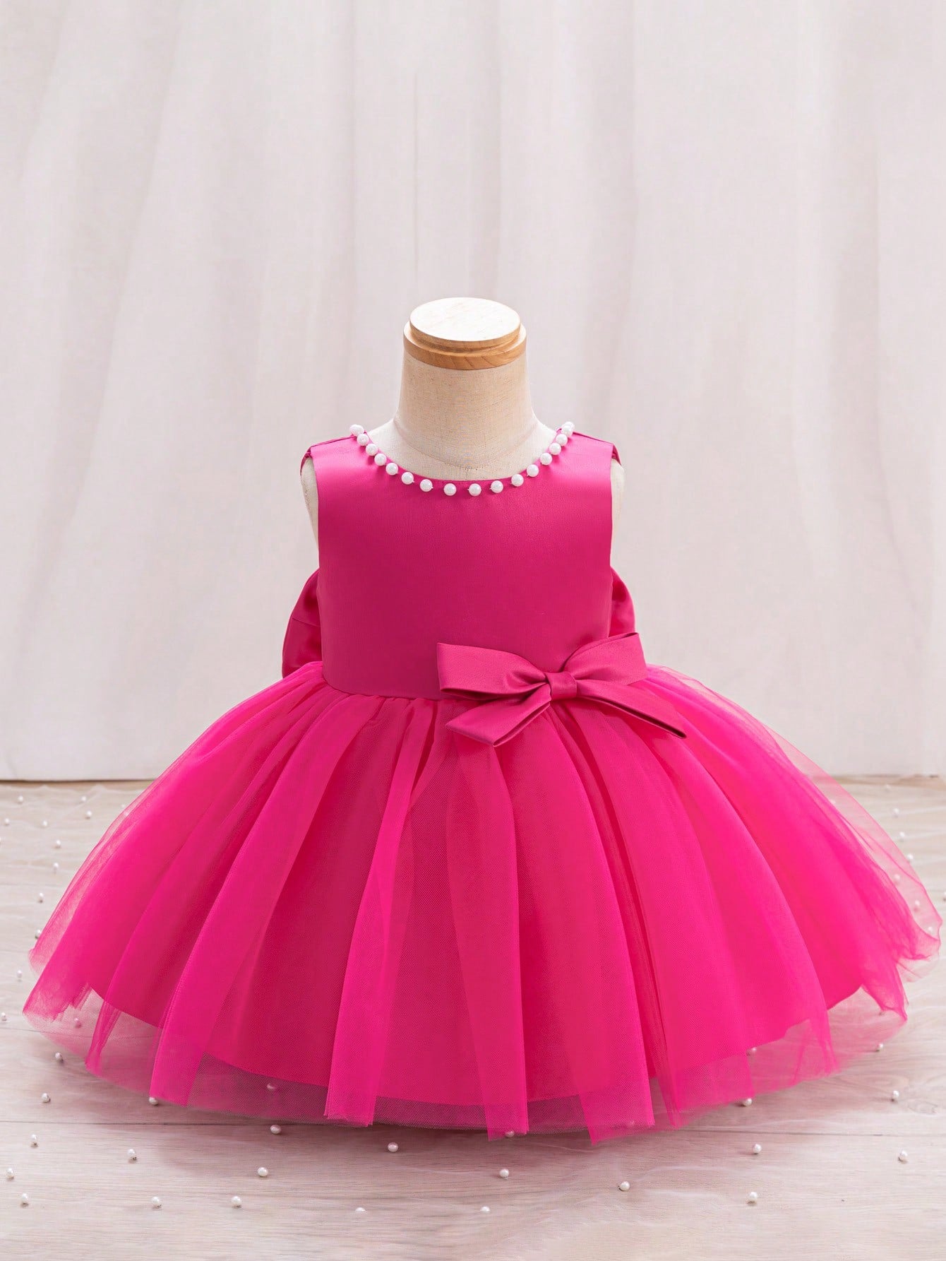 Girls Pearl-Trim Bow Back Tulle Ball Gown - Fuchsia | 21 Century Kids
