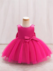 Girls Pearl-Trim Bow Back Tulle Ball Gown - Fuchsia | 21 Century Kids