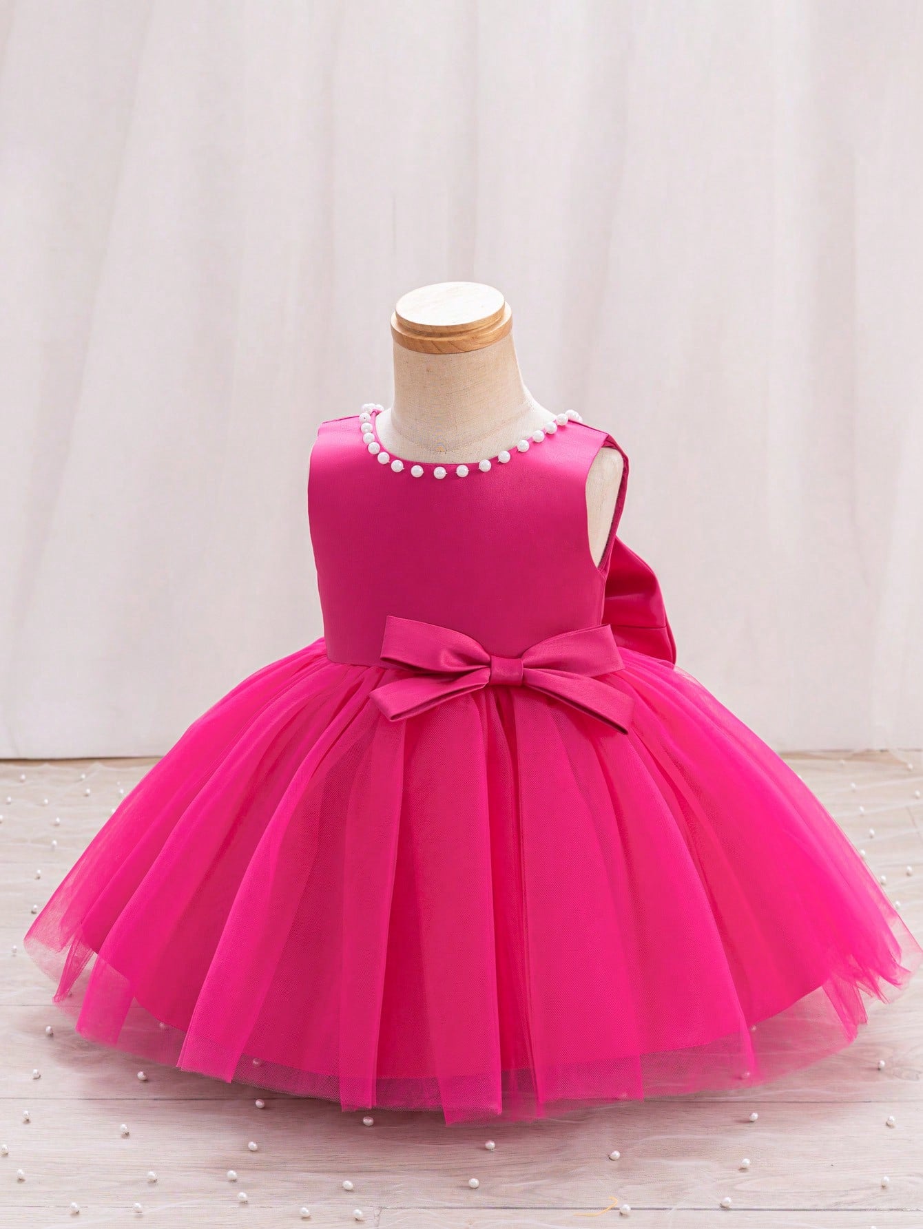 Girls Pearl-Trim Bow Back Tulle Ball Gown - Fuchsia | 21 Century Kids