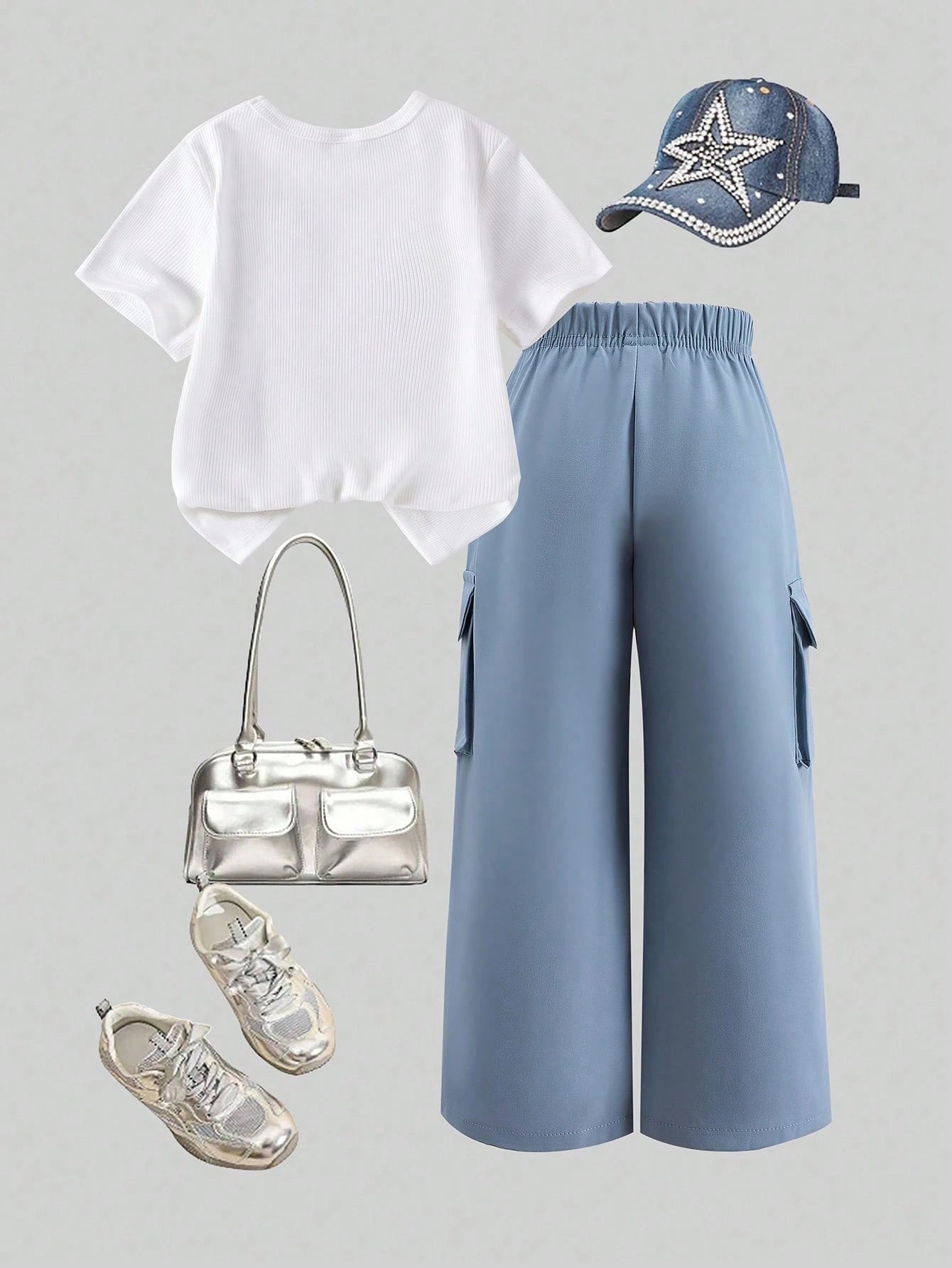 2pcs Girls Sequin Bow Ribbed Tee & Cargo Pants Set - Cerulean | 21 ...